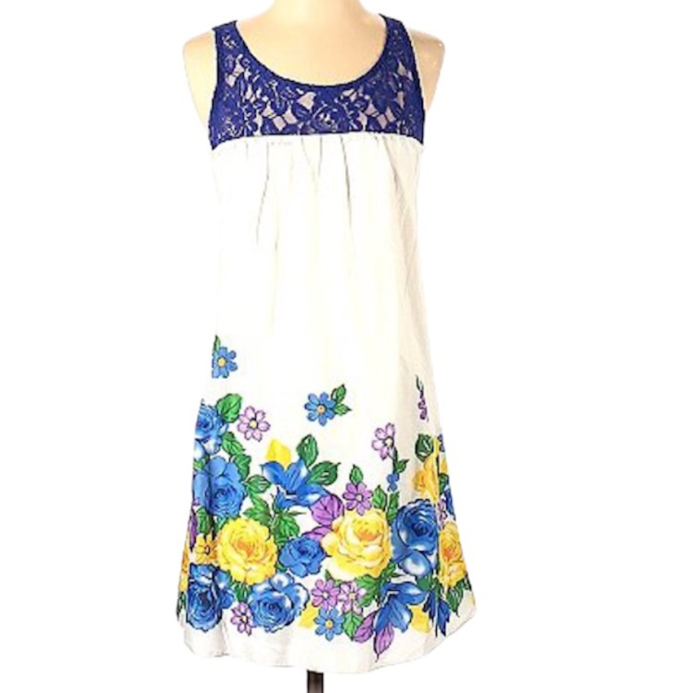 White Floral Print Multi-color Blue Lace Cutout Back Mini Sleeveless Tunic Dress